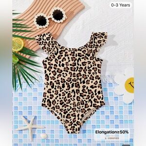 SHEIN Leopard Print Ruffle Strap One-Piece Swimsuit - Tan, Black